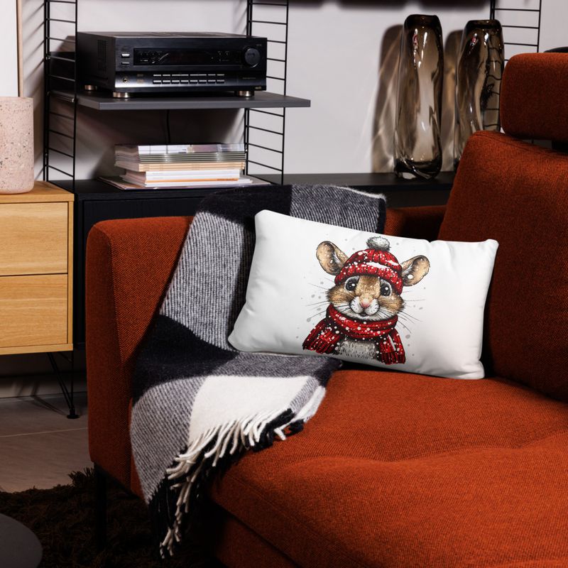 Pillow case 20x12, Mouse wearing red winter hat and scarf in the snow, xg8dl3