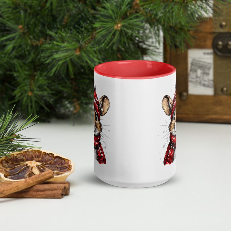 White Ceramic Mug with Color Inside, 11&amp;15oz, Mouse wearing red winter hat and scarf in snow, xg8dl3