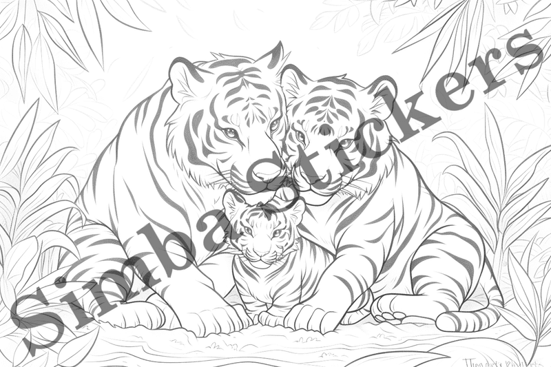 Colouring pages, bundle of tigers, family-oriented, 10 images