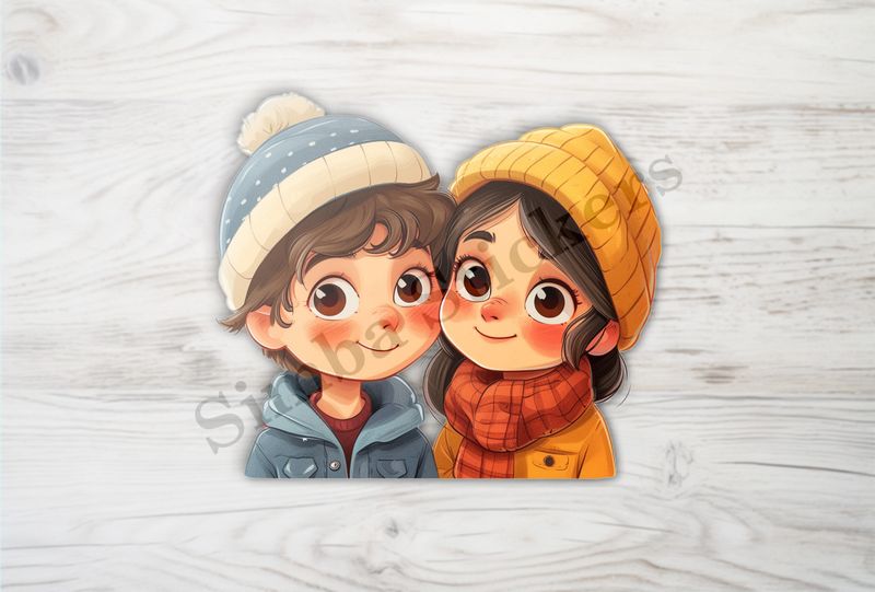 Boy and girl, in winter hats, cheek-to-cheek