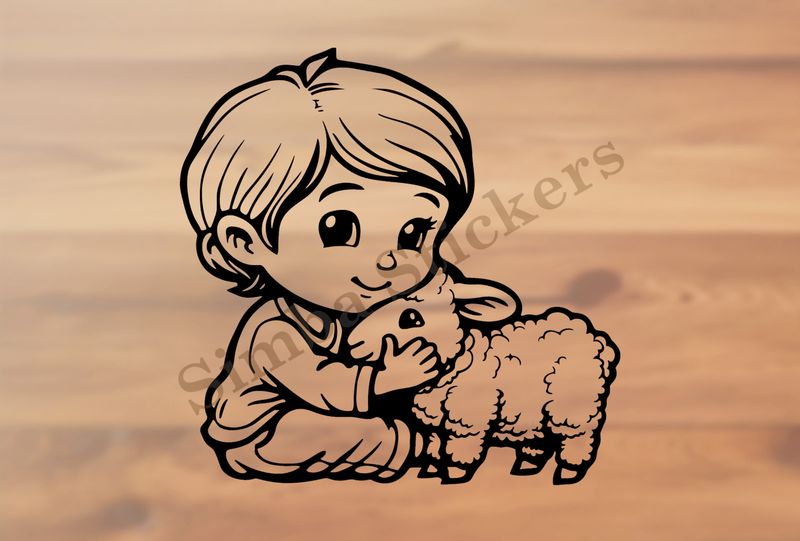 Lamb hugged by smiling little boy of Asian origin, outline art