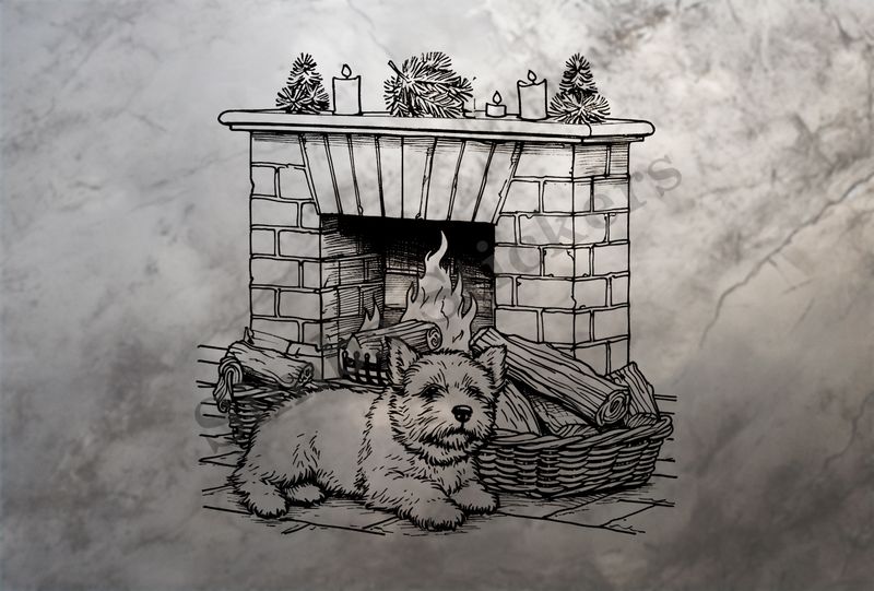 Dog by the fireplace, outline art