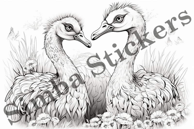 Colouring pages, Bundle of ostriches in love, 10 images