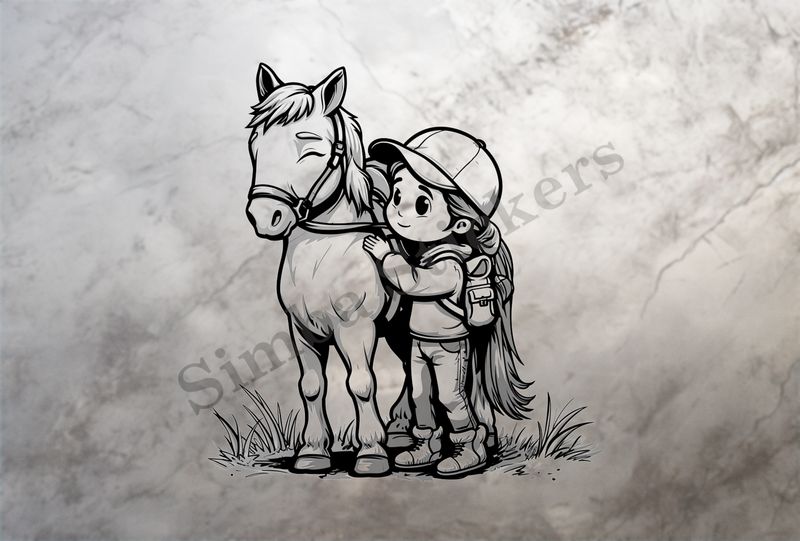 Horse being ridden by a small girl in a baseball cap, outline art