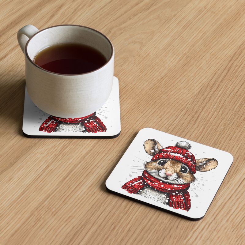 Cork-Back Coaster, Mouse wearing red winter hat and scarf in the snow, xg8dl3, mirrored