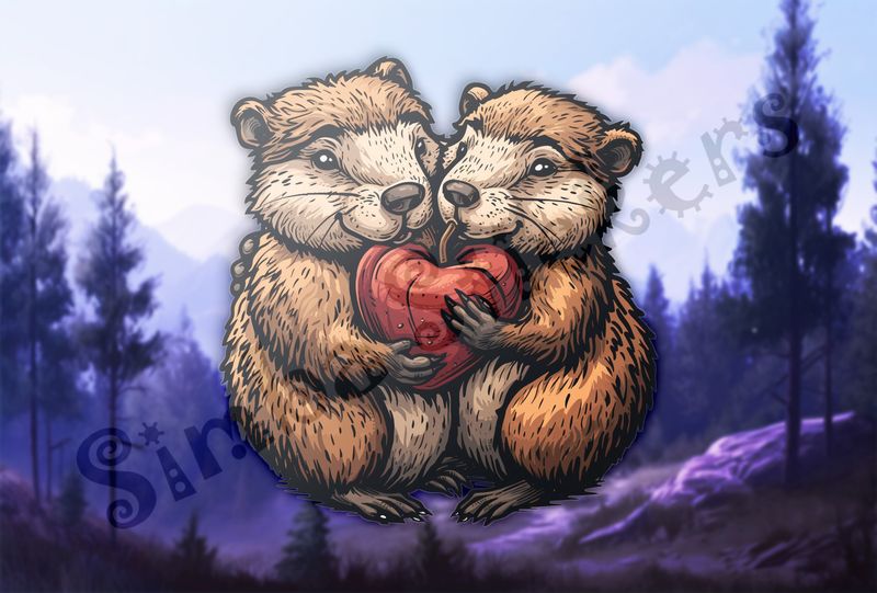 Beavers in love holding Valentine&#x27;s heart