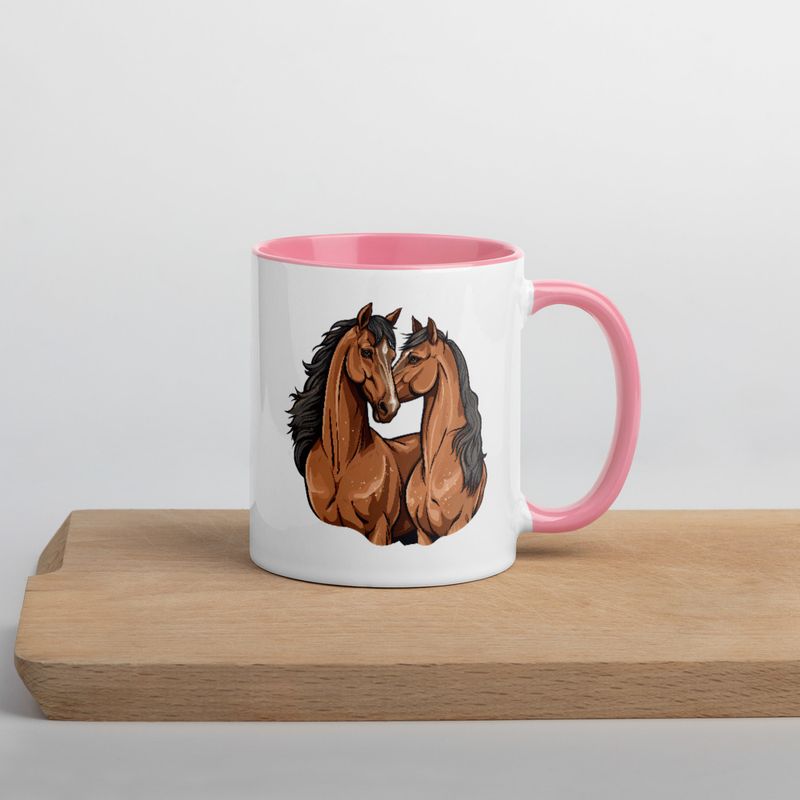 White Ceramic Mug with Color Inside, 11&amp;15oz, Two brown horses snuggling, tdwcyd