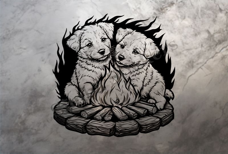 Dogs cuddling by a bonfire, romantic, outline art