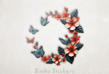 Colourful butterflies in wreathy-shape with colourful flowers, watercolour, tznfsp