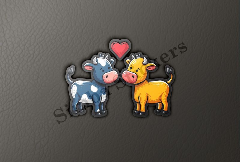 Cattle, bull and cow in love, colourful , heart in picture 