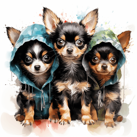 Chihuahua dogs wet in the rain, watercolour, image set, 10 images