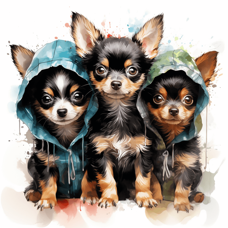 Chihuahua dogs wet in the rain, watercolour, image set, 10 images