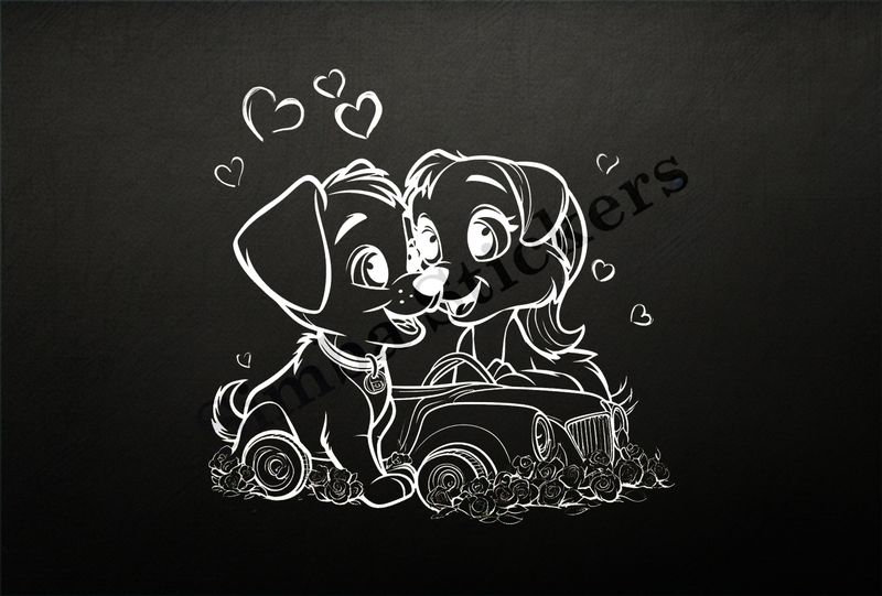 Dogs in love sitting over classic sports car toy, outline art