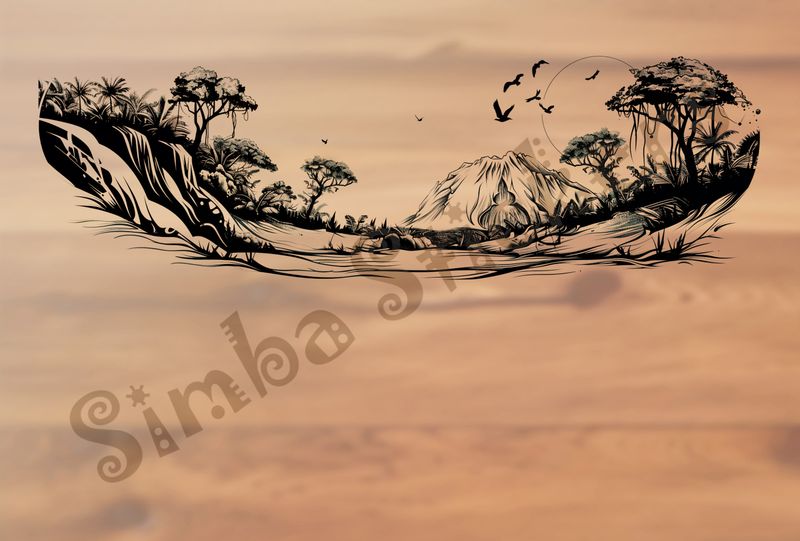 Equatorial Rainforest landscape, moon above mountains, outline art
