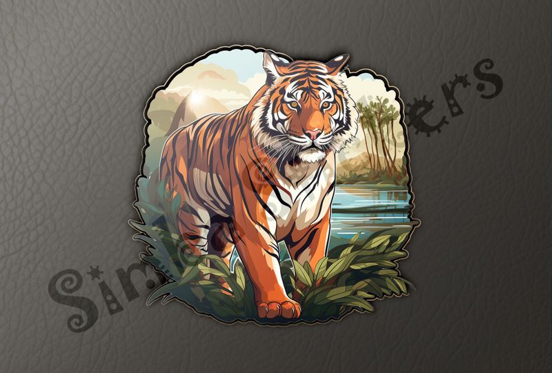 Tiger in the jungle, with a pond behind