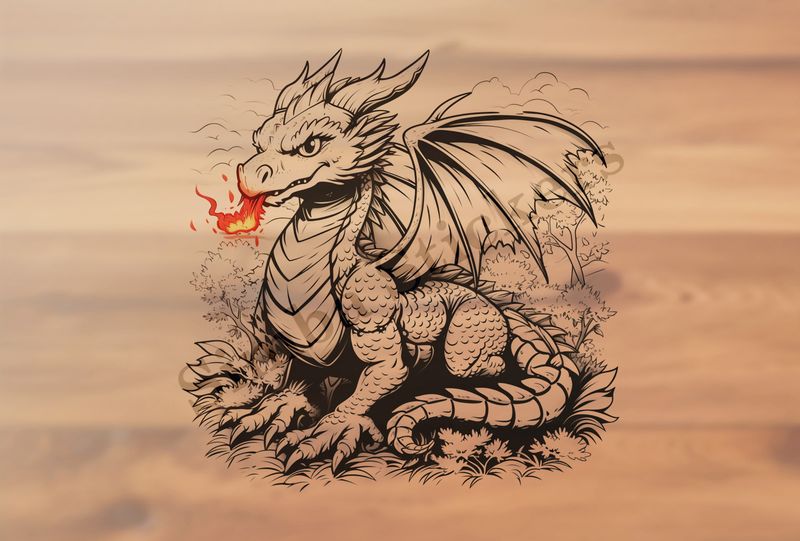 Dragon breathing fire, bushy background, outline art