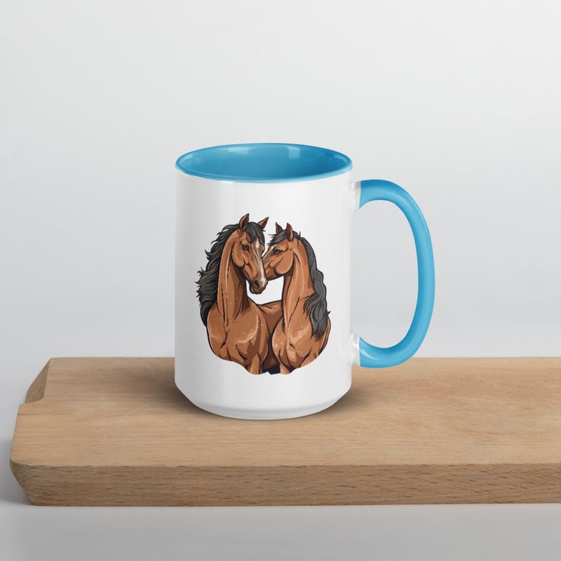 White Ceramic Mug with Color Inside, 11&amp;15oz, Two brown horses snuggling, tdwcyd