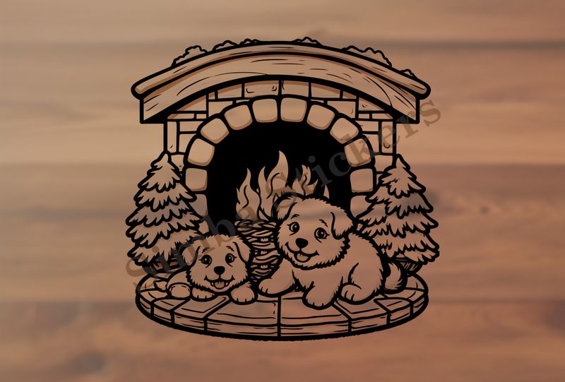 Dogs cuddling by the fireplace next to 2 small Christmas trees,  outline art