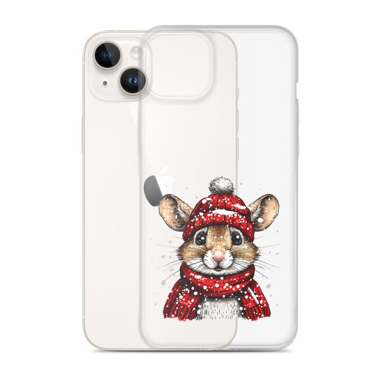 Clear Case for iPhone, Mouse wearing red winter hat and scarf in the snow, xg8dl3