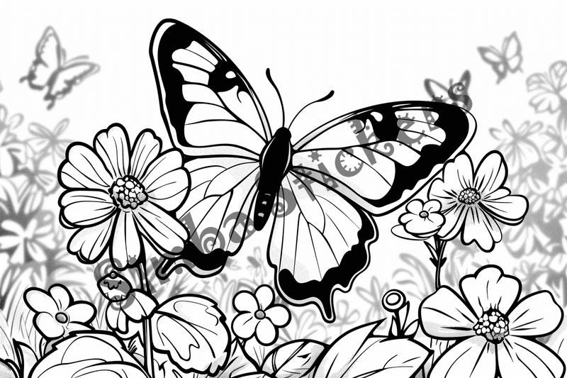 Colouring pages, bundle of butterflies over flowers, 10 images