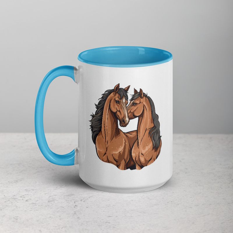 White Ceramic Mug with Color Inside, 11&amp;15oz, Two brown horses snuggling, tdwcyd