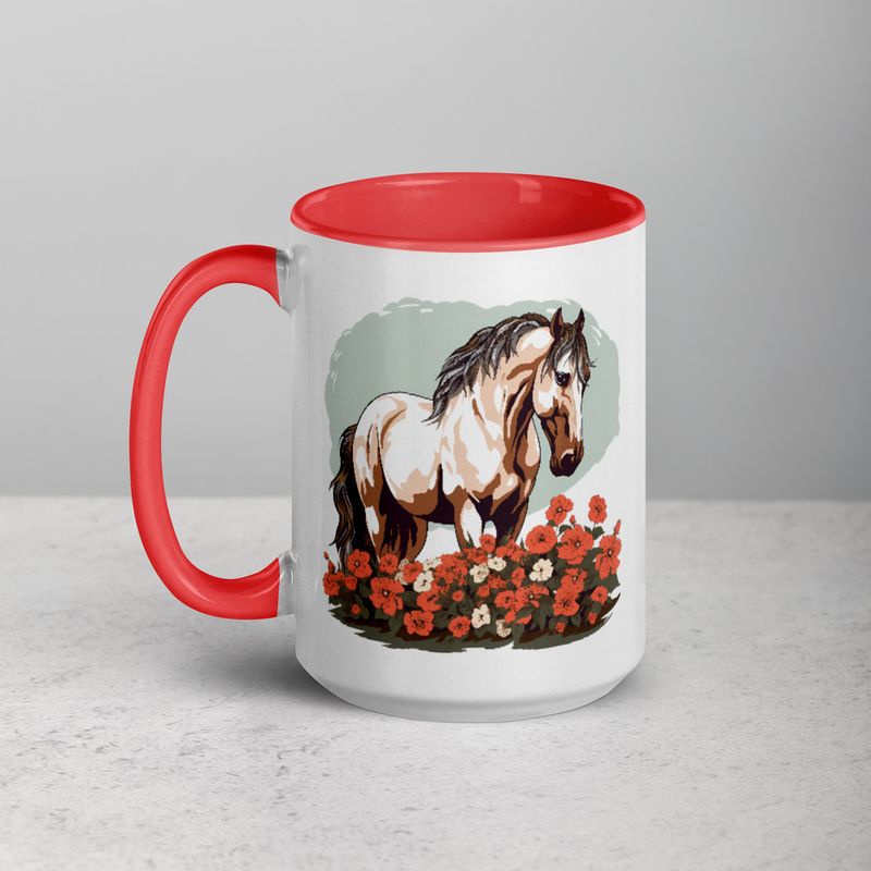 White Ceramic Mug with Color Inside, 11&amp;15oz, Brown horse in field of red flowers, n4w2fj
