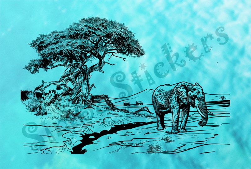 African Savanna landscape, with elephant, outline art