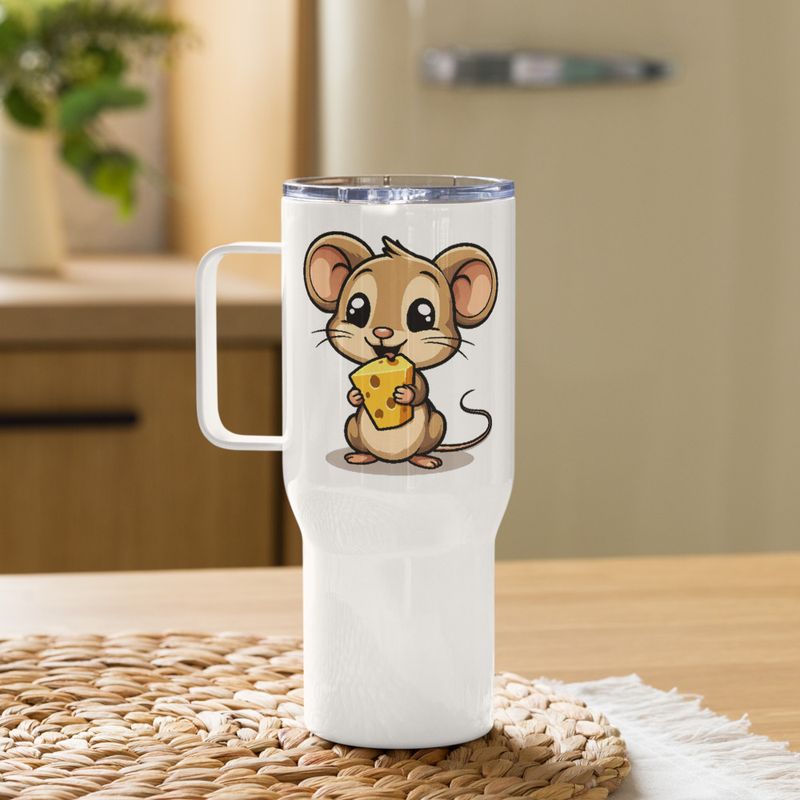 Travel Mug, Cattle, Small Mouse happily licking large chunk of cheese, pqapy6