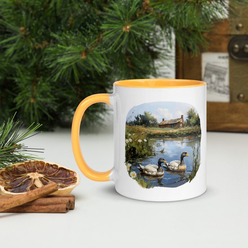 White Ceramic Mug with Color Inside, 11 &amp;15oz, Ducks in love swimming in farmhouse pond 