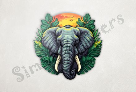 Elephant emerging from green leaves in front of golden sunset