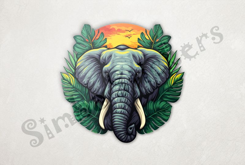 Elephant emerging from green leaves in front of golden sunset