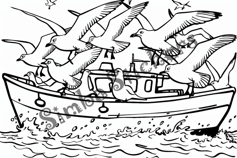 Colouring pages, bundle of seagulls harassing boats, 10 images