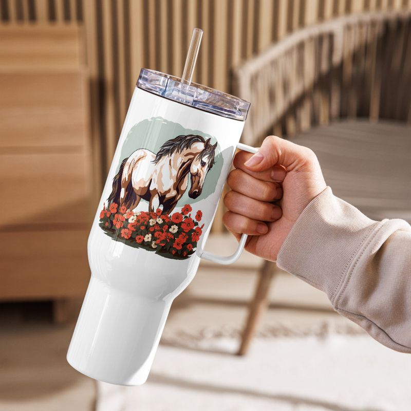 Travel Mug, Cattle, Brown horse in field of red flowers, n4w2fj