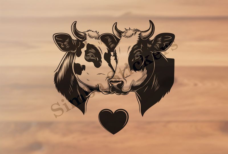 Cattle, bull and cow cheek-to-cheek, heart in picture, outline art
