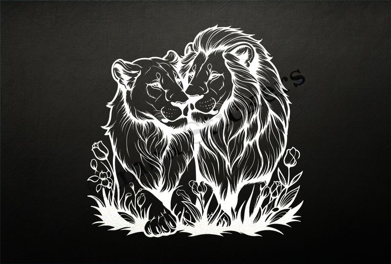 Male lion with lioness, outline art