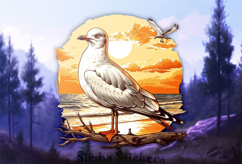 Seagull on a branch by the beach, watercolour, kajxgx