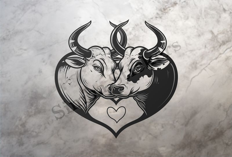 Cattle,  cheek-to-cheek, in heart frame, outline art