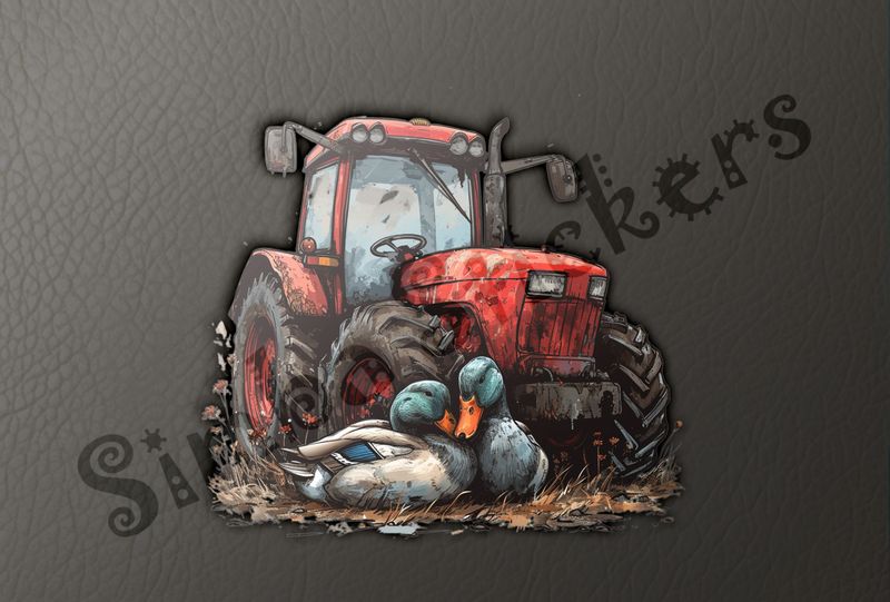 Ducks cuddling in front of farmer&#x27;s red tractor