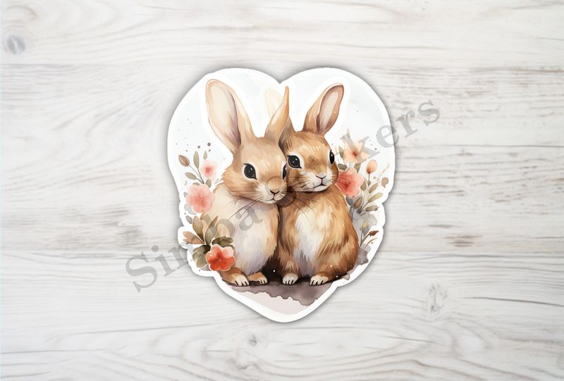 Rabbits in love amongst flowers, white background