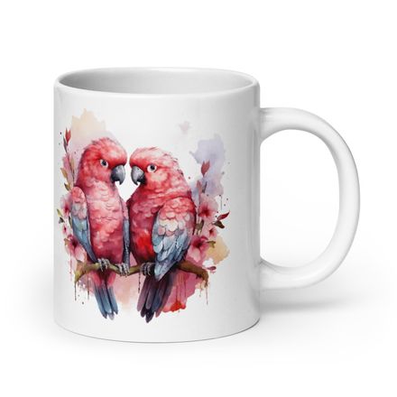 White Glossy Mug, 20oz, Reddish parrots perching in pinkish background, watercolour, kzebwr