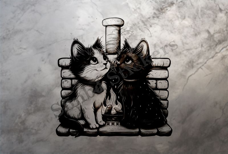 Cats, one in glasses, by the fireplace, outline art