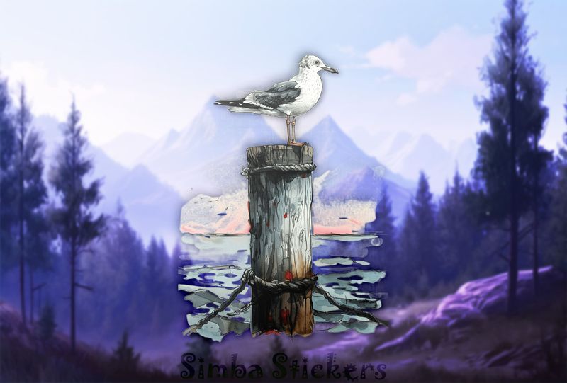 Seagull perching on a beach pole out in water, watercolour, oyljb0