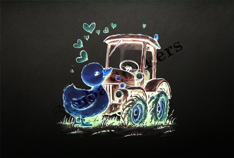 Duckling kissing hood of farmer&#x27;s tractor