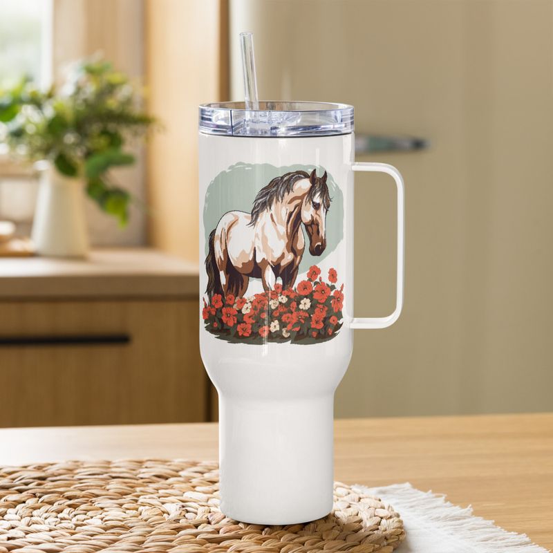 Travel Mug, Cattle, Brown horse in field of red flowers, n4w2fj