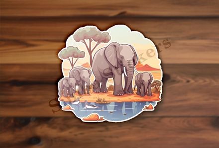 African elephant family at a pond in the Savanna
