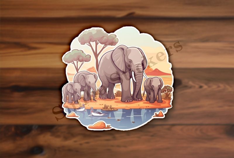 African elephant family at a pond in the Savanna