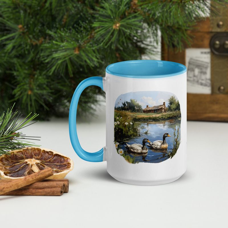 White Ceramic Mug with Color Inside, 11 &amp;15oz, Ducks in love swimming in farmhouse pond 