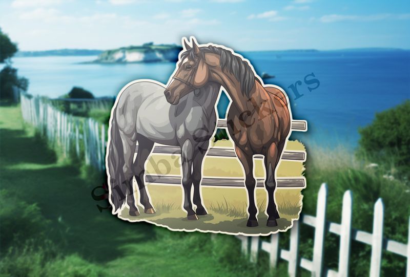 Two horses, one brown, one grey, scratching each others&#x27; backs
