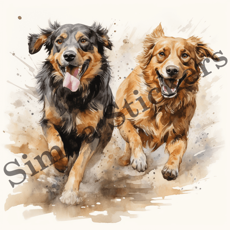 Dogs running, chasing each other, watercolour, image set, 10 images