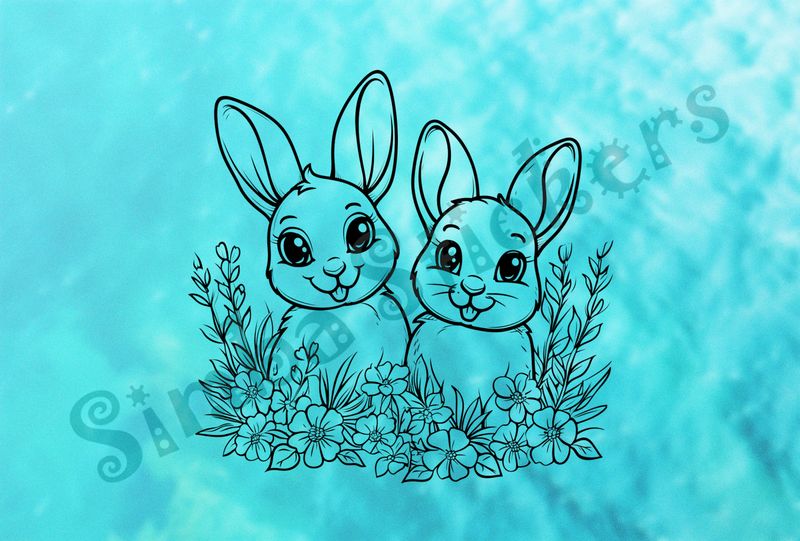 Hares behind flowers, outline art